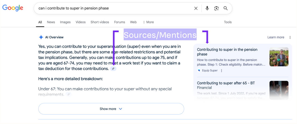 Image showing how the 1st organic search result can show on the Google search results page, with an AI Overview appearing.