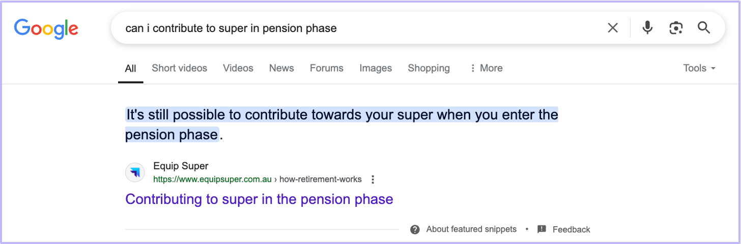 Image showing how the 1st organic search result can show on the Google search results page, without an AI Overview.